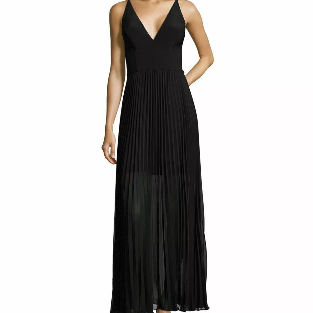 XSCAPE WOMEN'S BLACK PLEATED V-NECK SLEEVELESS MAXI GOWN DRESS SIZE 10